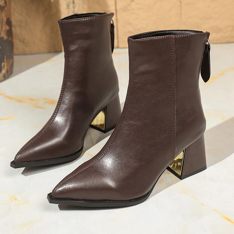 Fashion Vintage Pointed Toe Women Ankle Boots Shoes Autumn Winter Thick High Heels Short Booties Zapatos Mujer