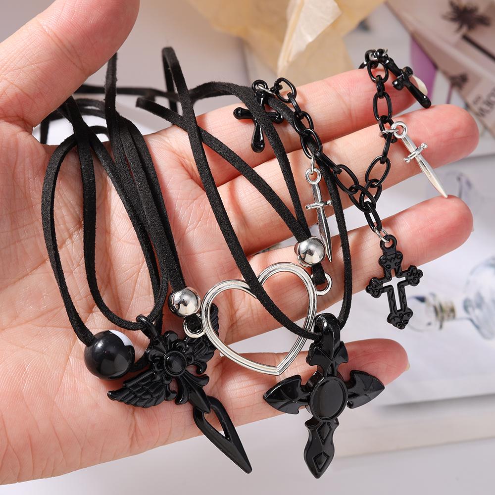 Cool Gothic Black Cross Pendant Necklace for Women Men Love Heart Leather Rope Necklaces Streetwear Hip Hop Punk Jewelry Gifts
