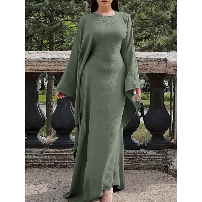 Round Neck Wide Flare Sleeve Satin Textured Maxi Dress Elegant Loose Fit Fall Winter Modest Abaya Style Evening Wedding Guest Floor Length Long Gown