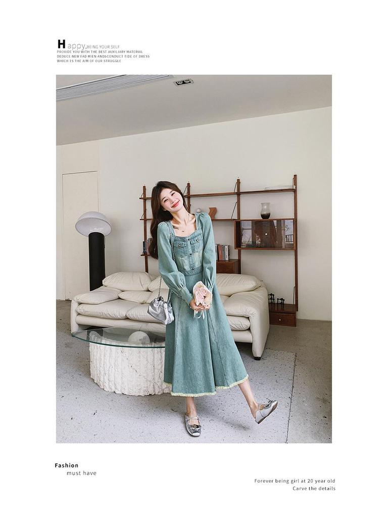 Hepburn-Style Denim Shirt Dress for Women - Spring/Autumn 2024 Retro Waist Design