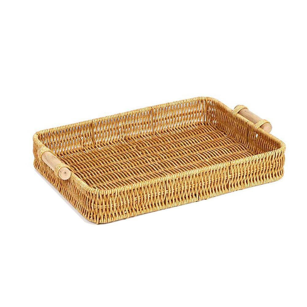 Plastic Rattan Threads Food Serving Tray Wooden Handle Desktop Organizer  Office