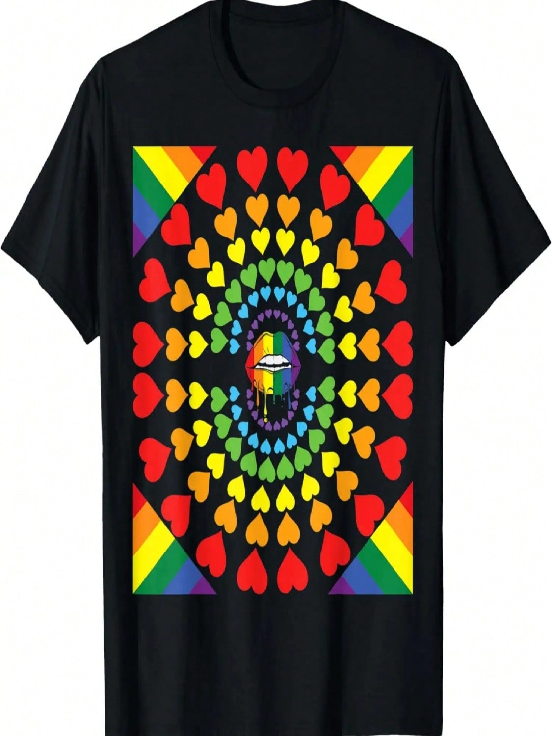 Rainbow Pattern, Hearts With Lips And Mouth In The Middle T-Shirt S разноцветный