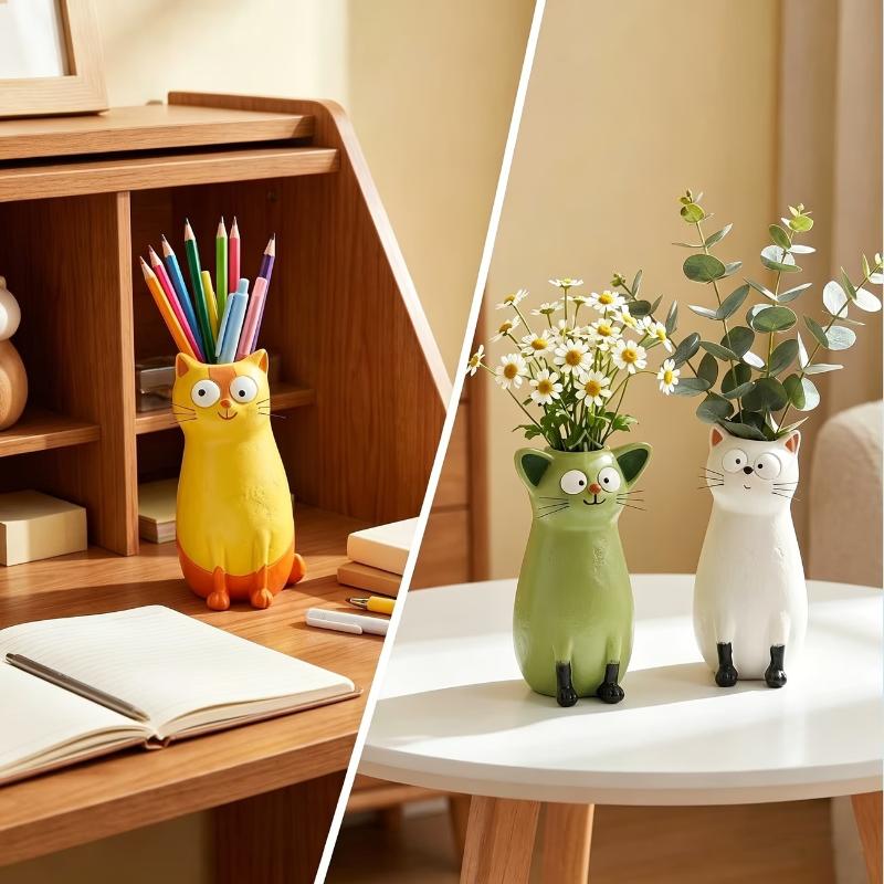 Quirky Cute Kitten Resin Vase Desktop Animal Shaped Flower Holder Home Office Desk Decor Unique Gift