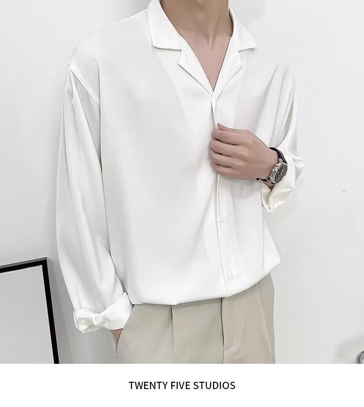 

Мужская рубашка с длинными рукавами и лацканами из нескользящей ткани 2024 года — однотонная, облегающий деловой крой XL белый