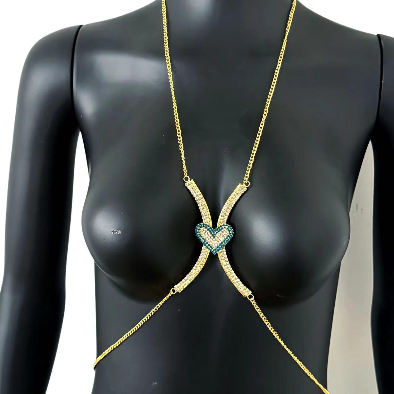 

Женская минималистичная цепочка для тела бикини с сердечком и стразами золотой