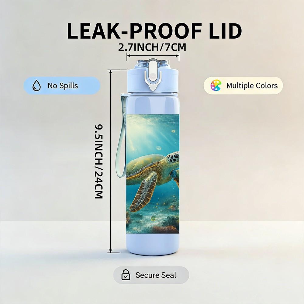1PC Sea Turtle Underwater Ocean Print 750ml Color Plastic Sports Water Bottle Leakproof Flip Straw Lid Suitable for Sports Office Home Use