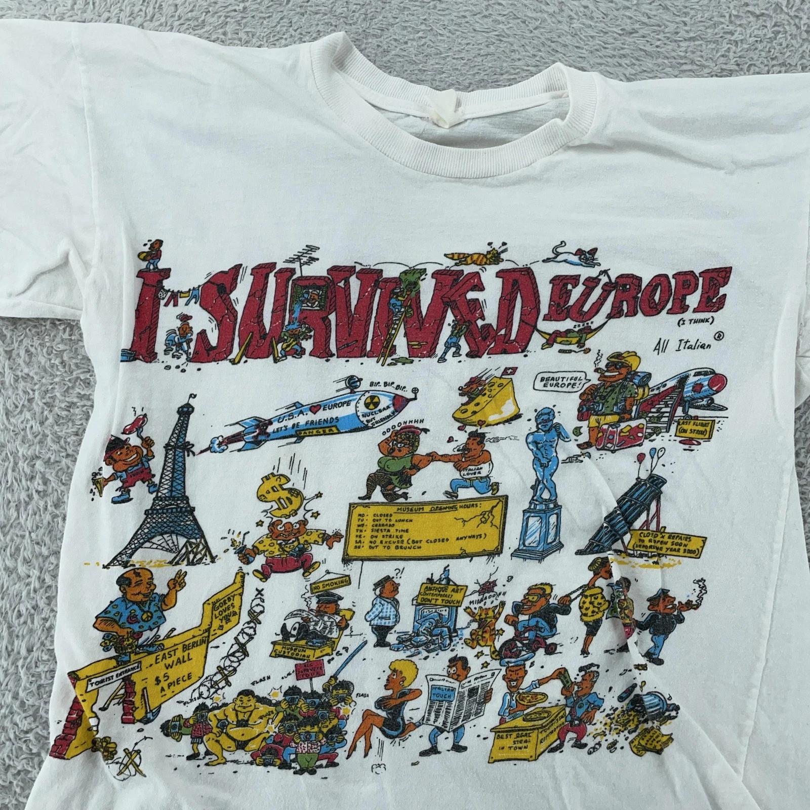 

Vintage I Survived Europe Cartoon T-Shirt XXS White Tourist Souvenir Graphic 90s S