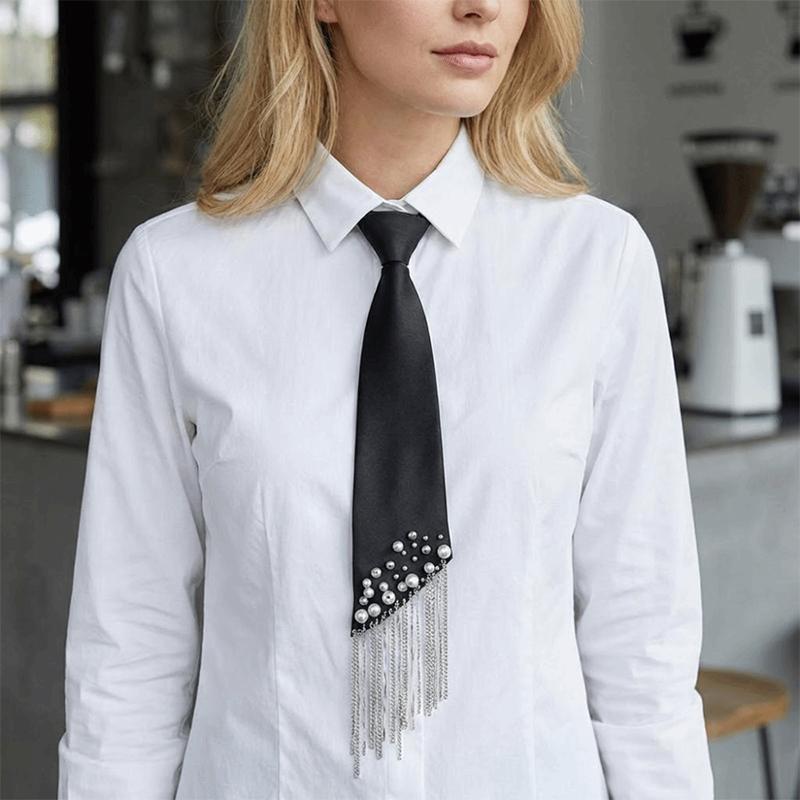 Preppy Pearl Tassel Tie Long Decorative Women Shirt Accessory Elegant Style for School Uniform Work Party