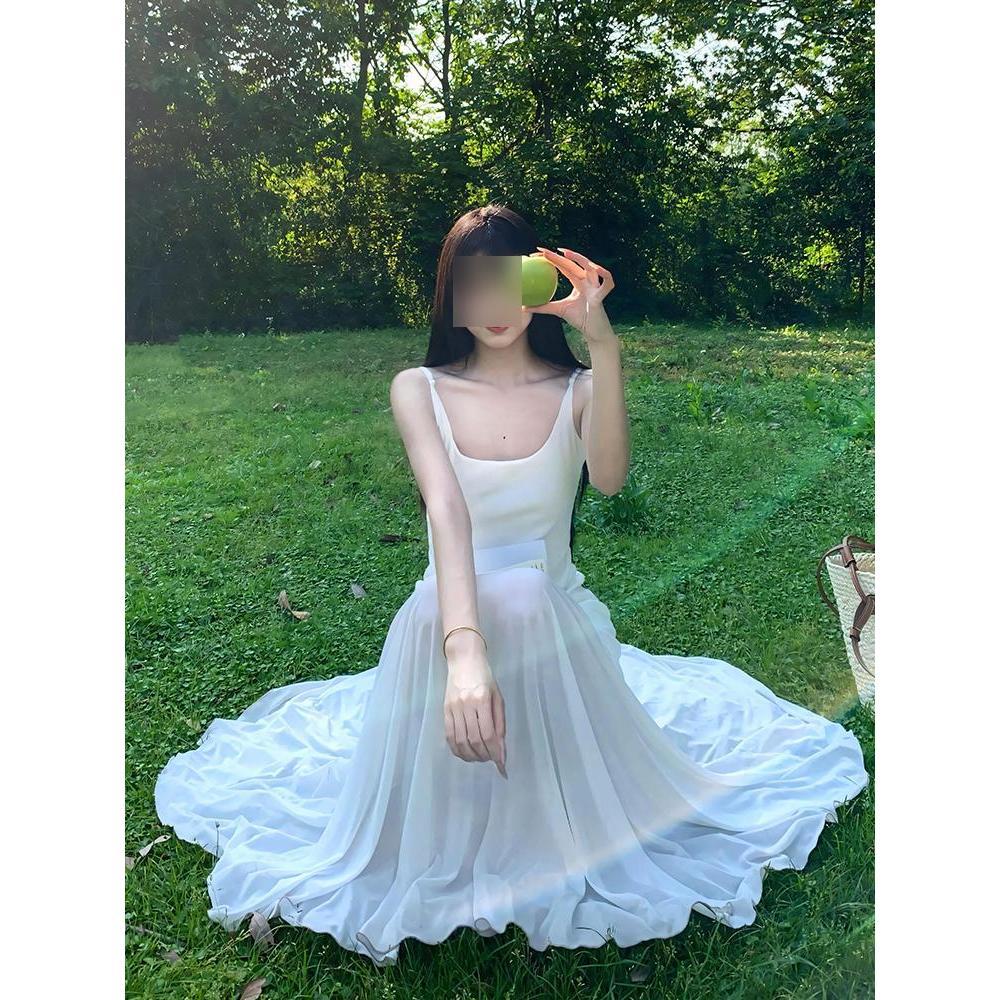 Temperament: Kleiner Duftstil, weißes Unterkleid, Damen Sommer Casual, neue kleine Mann Taille, ärmelloses langes Kleid