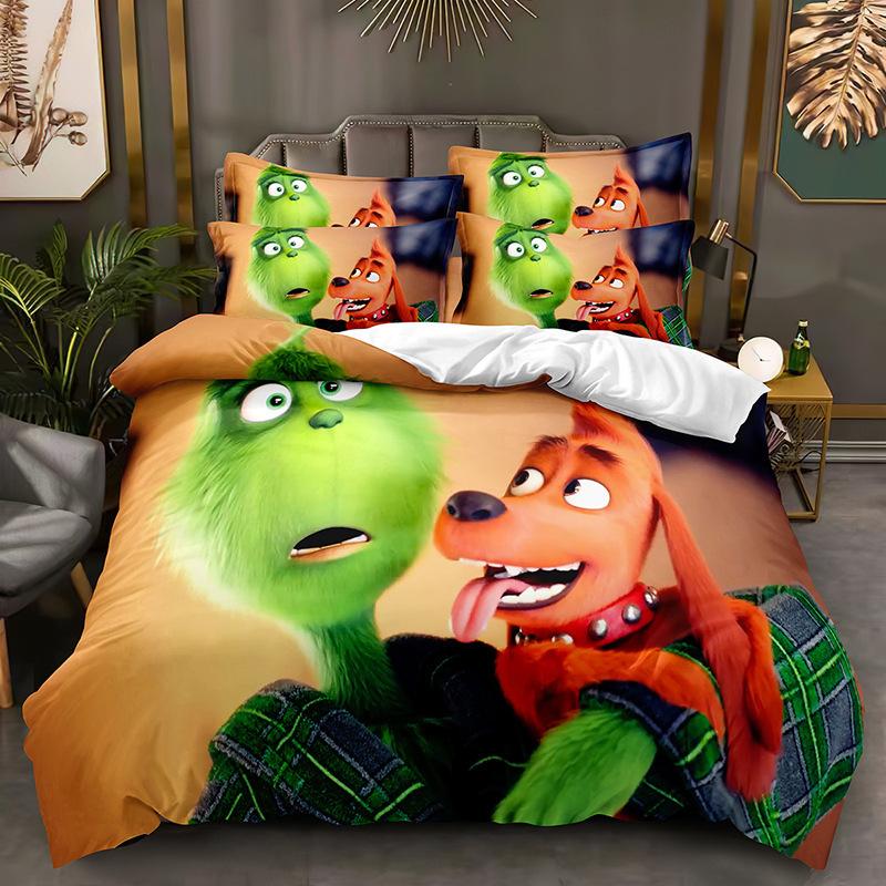 Heimtextilien Dreiteiliges Grinch Cartoon Digitaldruck Steppdecke Kissenbezug Bettwäsche