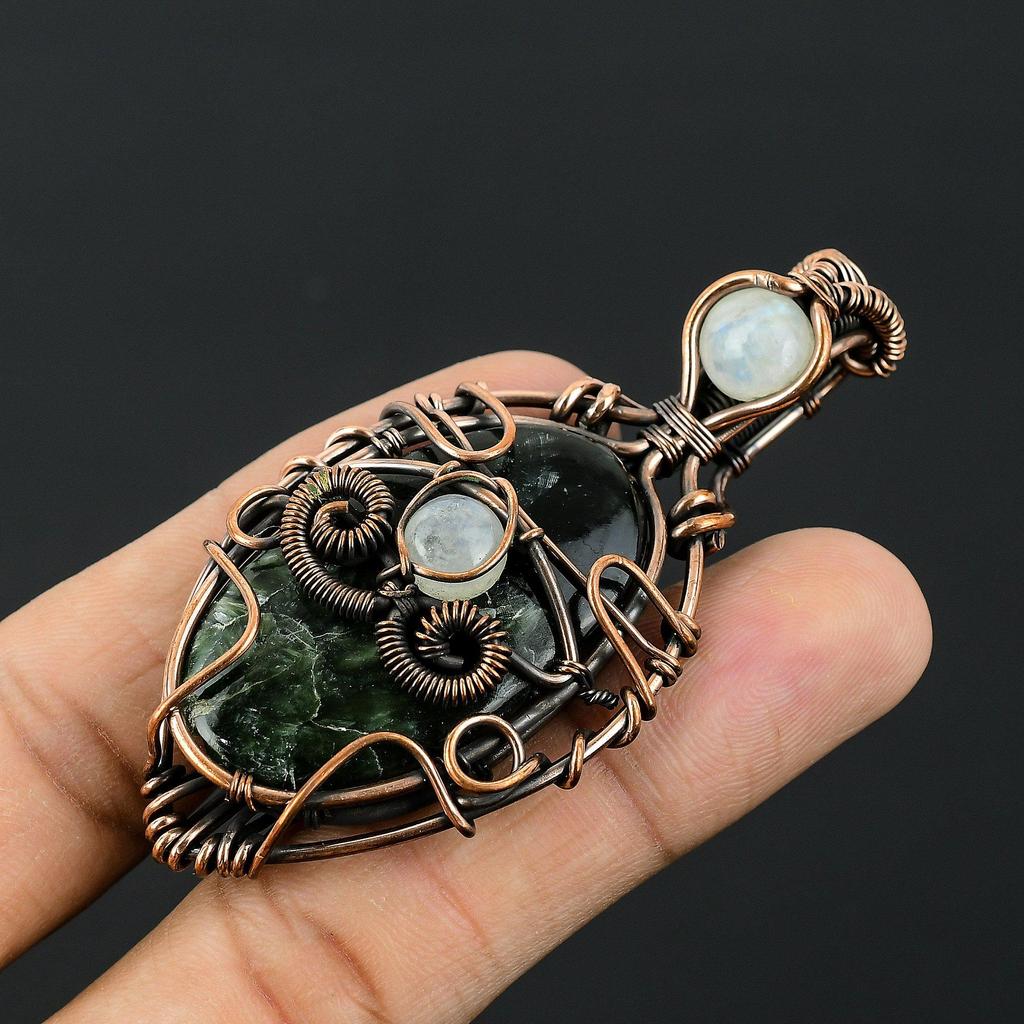 Seraphinite & Rainbow Moonstone Pendant, 999 Copper Wire Wrapped Gemstone Jewelry, Handmade Pendant, For Thanksgiving