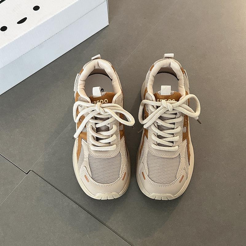 Fashion retro thick baseplate shoes splicing mesh shallow mouth sports shoes women's summer casual lace-up dad shoes running shoes