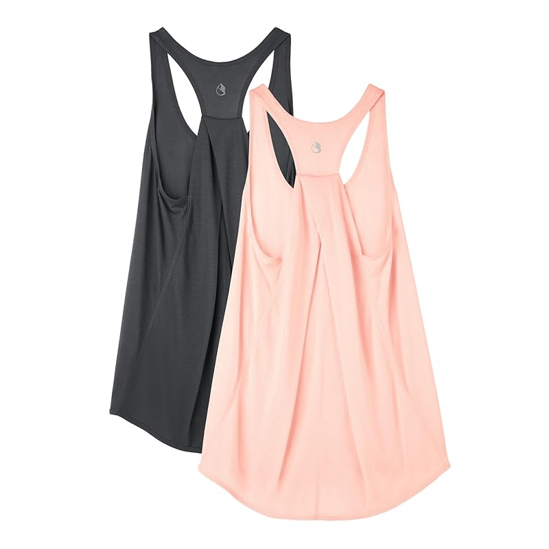 

[icyzone] tank top ladies workout tops loose ventilation soft lightweight racerback beach running Gym yoga shirt, 2 sets (Dark gray/light pink, L)