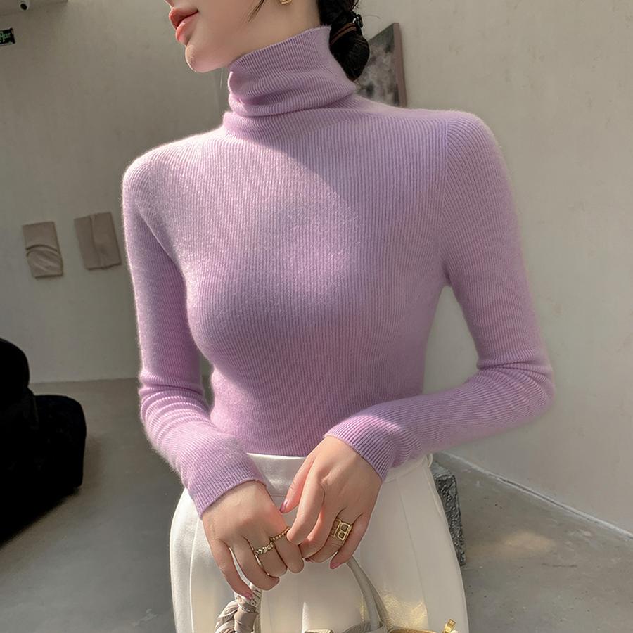 High Neck Cashmere Wool Sweater Women's Solid Color Drawstring Base Layer Slim Fit Thin Knit Pullover Autumn Winter Inner Wear