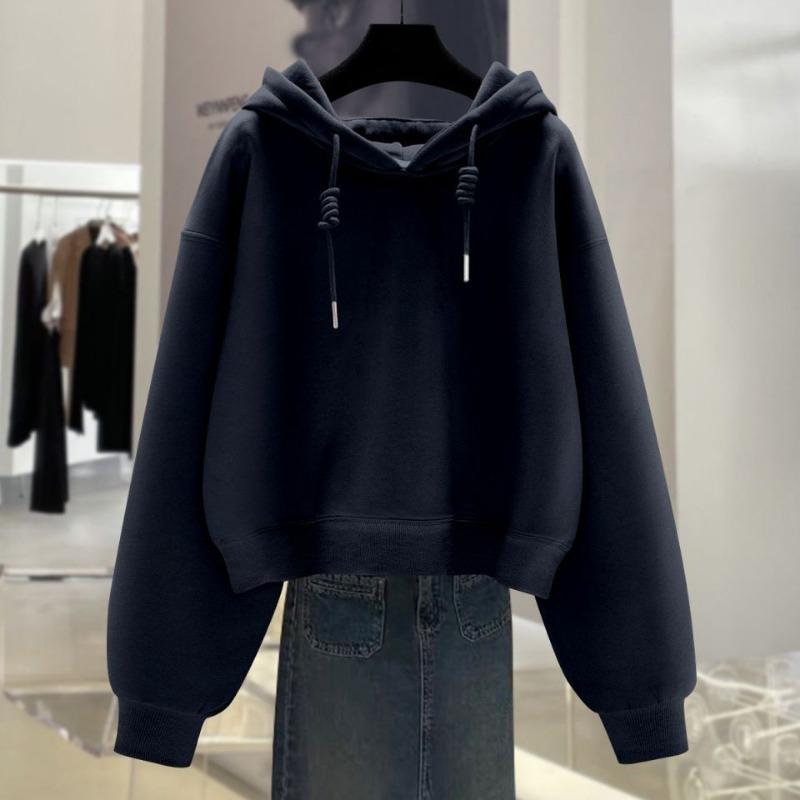 Women's Hooded Sweatshirt with Fleece New Autumn and Winter Fashionable Solid Color Versatile Casual Long-sleeved Top