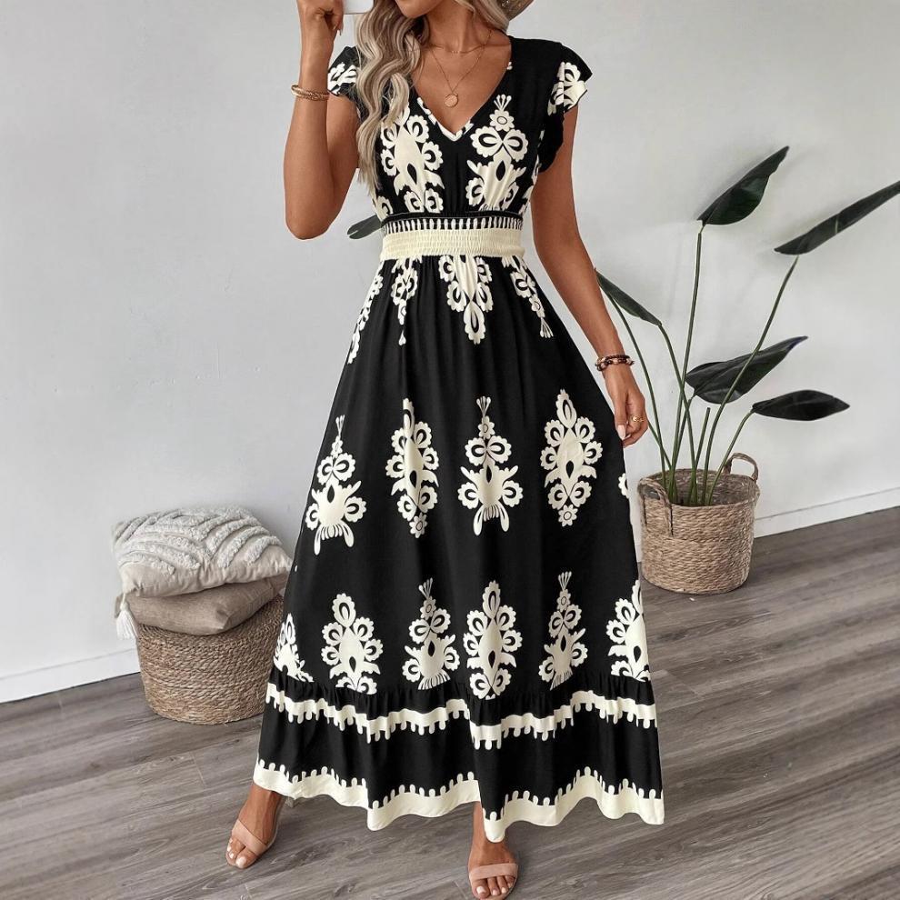 Women's Summer Ruffled Sleeves V-neck Waist-hugging Long Dress