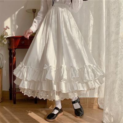 Korejský styl Černobílá Polosukně Dámská Dlouhé sukně Japonská Jednobarevná Dvouvrstvá Vintage Francouzská Volánová A-liniová Sukně
