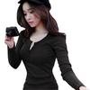T-Mix Solid Color Women Ribbed Long Sleeve Round Neck Buttons Slim Fit T-shirt Blouse