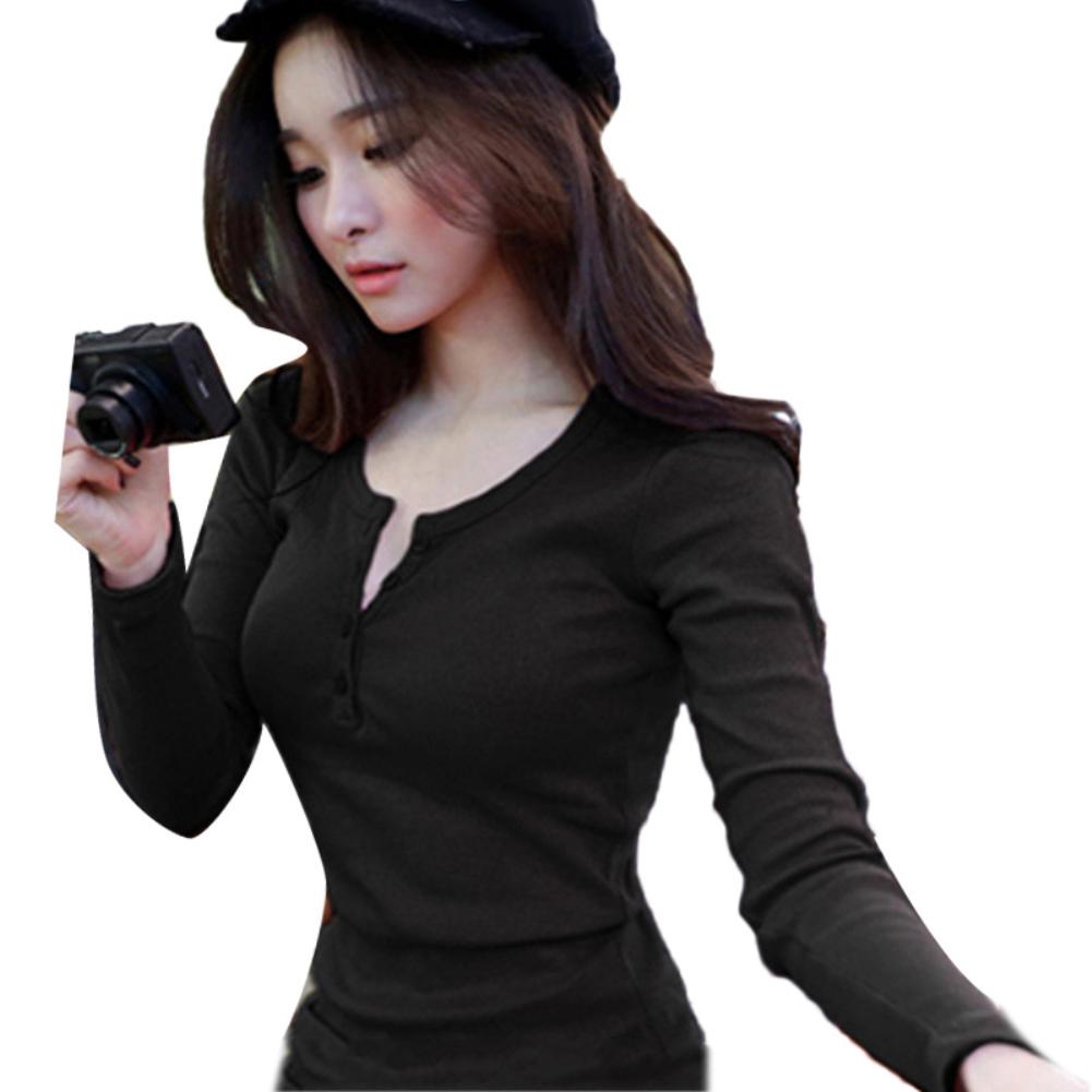 T-Mix Solid Color Women Ribbed Long Sleeve Round Neck Buttons Slim Fit T-shirt Blouse