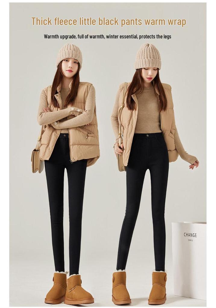 Women's Black High-Waisted Fleece-Lined Leggings, 2025 Winter Style, Thick, Elastic, Slim-Fit