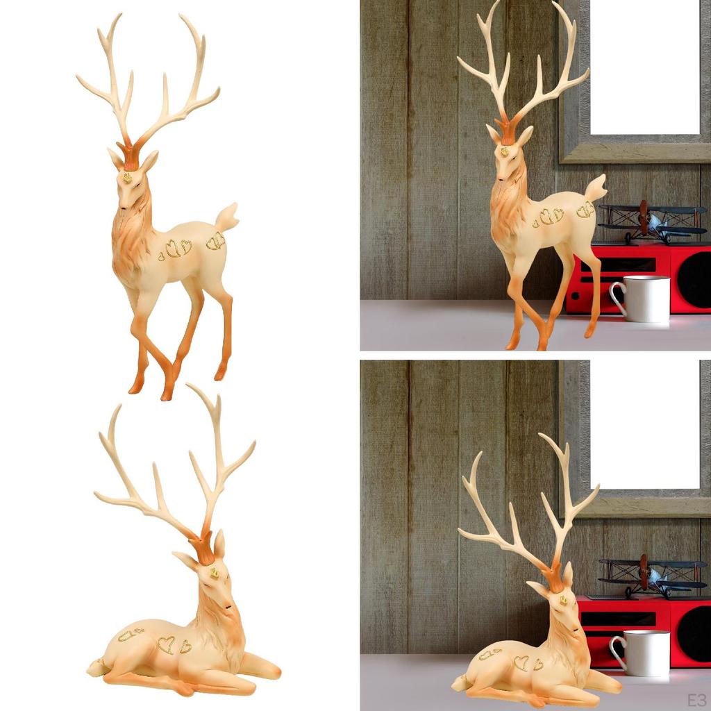Elk Statue Figurine Animal Resin Figure Desktop Fengshui Ornament Home Decor Deer Sculpture Heart