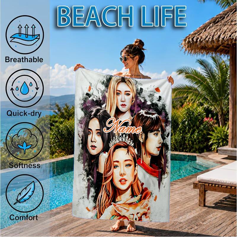 Custom Name Floral Fantasy Kpop Beach Towel Microfiber Beach Towel, Lightweight and Quick-Dry, for Summer Travel, Swimming Pool Gift