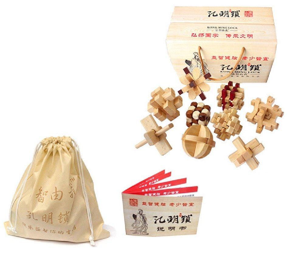 [Myth Square] 3D Kongming Puzzle Set of 9, 3D Adult Intellectual Toy with Walkthrough (Instruction Manual), Natural Wood, Challenging