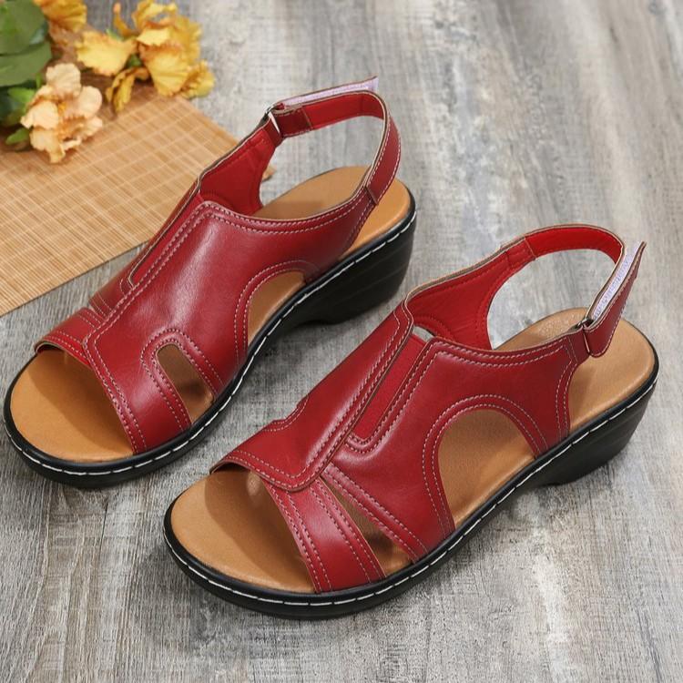 Large Size 2025 Summer European and American Sandals Women's Velcro Stitching Side Empty Open Toe Solid Color Leather Stitching Spot