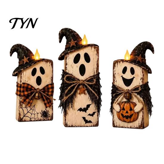 Vintage Farmhouse Fall Accents 3Pcs Rustic Wooden Halloween Cat Tabletop Decor, Black Figurine Moon Star Pumpkin Art with Witch Hat,