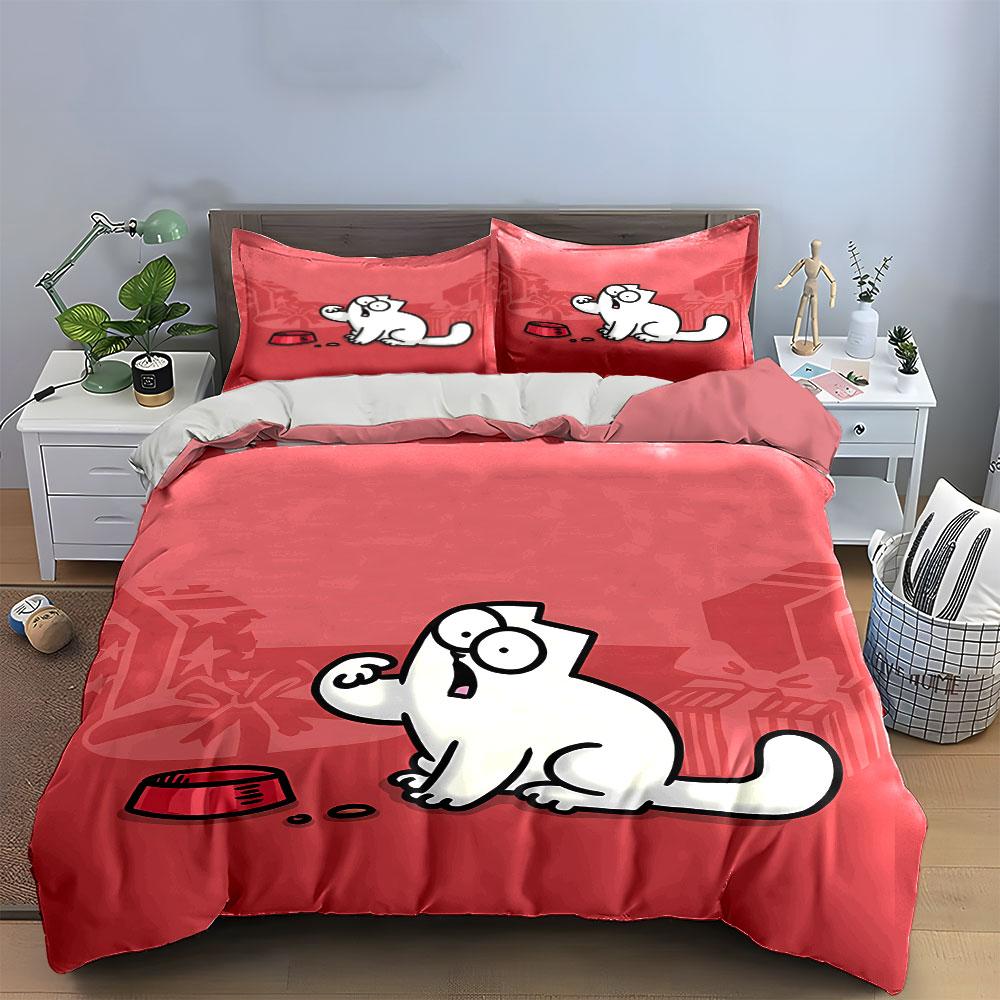 White cartoon cat motif. Bedding sets Duvet cover sets Duvet covers Pillowcases(1*Duvet Cover 2*Pillowcases without duvet insert)