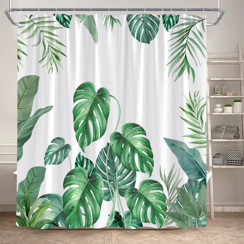 Leaves Shower Curtain Green PTropical alm Leaf Monstera Plant Bath Curtains Set Polyester Fabric Home Bathroom Decor with Hooks