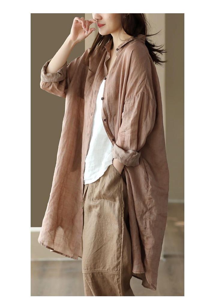 2026 Spring Women's Retro Cotton Linen Dark Pattern Mid-Length Cardigan Shirt