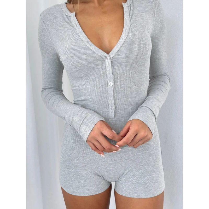 Amazon 2024 European and American Autumn New Women's Tight One-Piece Shorts Casual Button Cotton Top Long sleeve V-neck