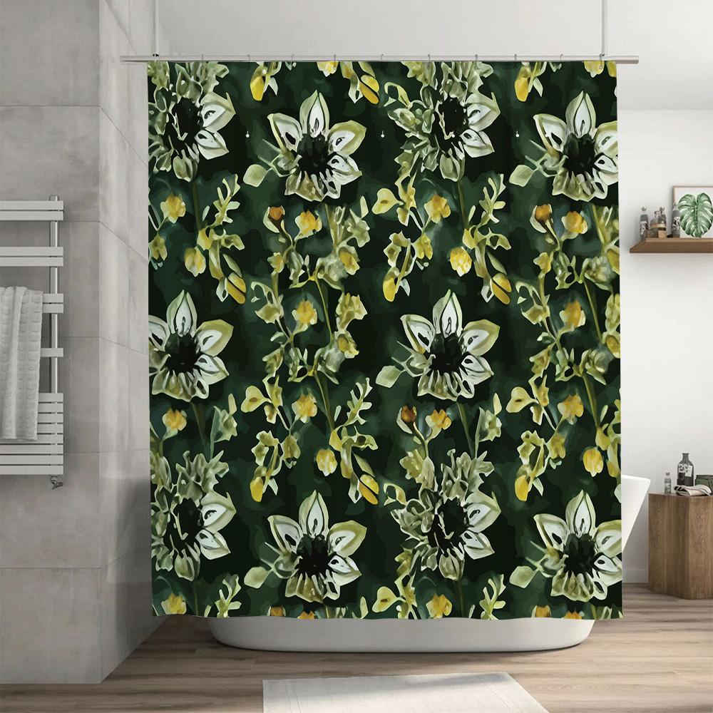 Luxury Floral Shower Curtain Green Yellow Waterproof Fabric Modern Bathroom Decor Set for Home Use
