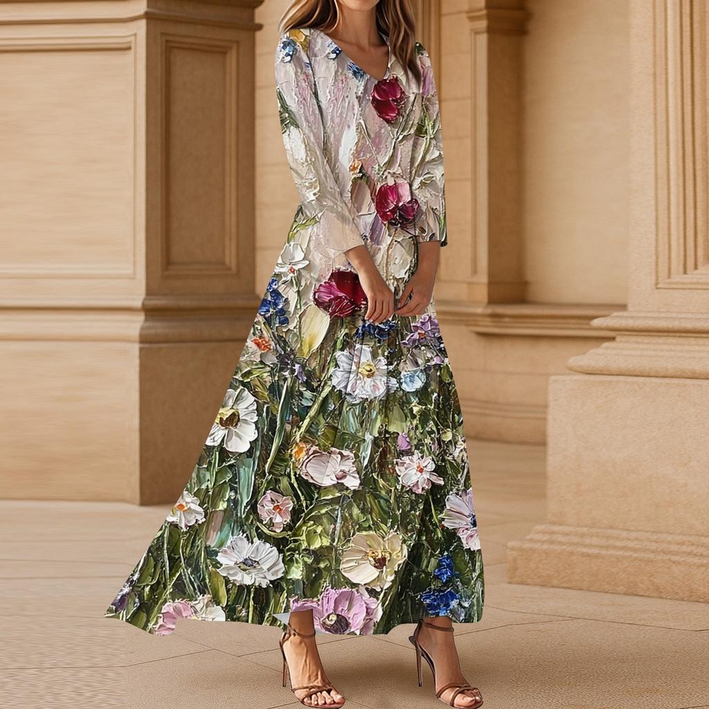 Damen Casual 3/4-Ärmel V-Ausschnitt Blumenmuster Maxi A-Linien Strandkleid