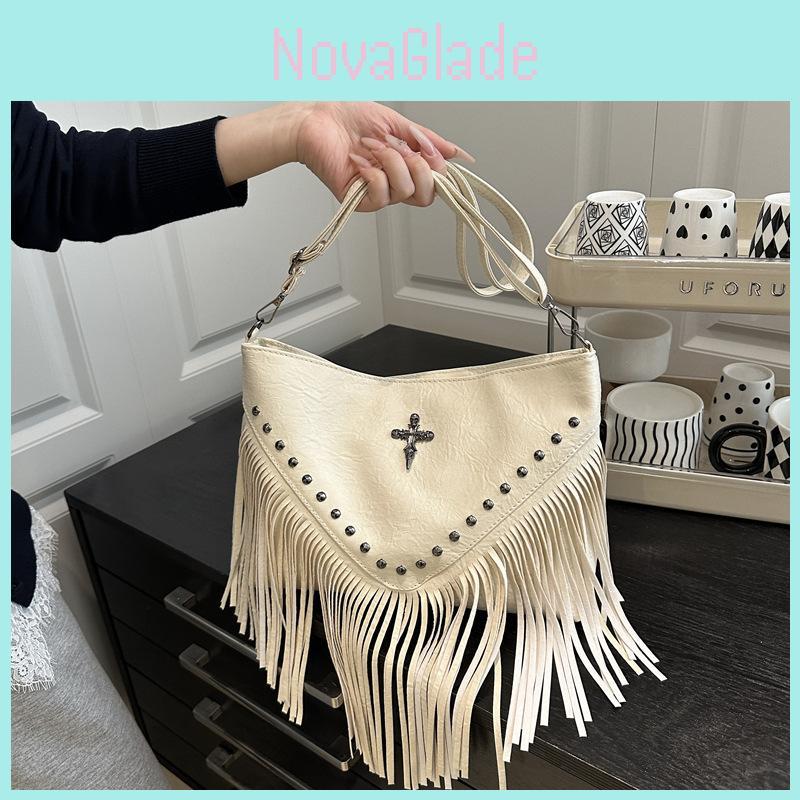 Bohemian Fringe Single Shoulder Bag With Rivets Pu Material For Casual Day Use