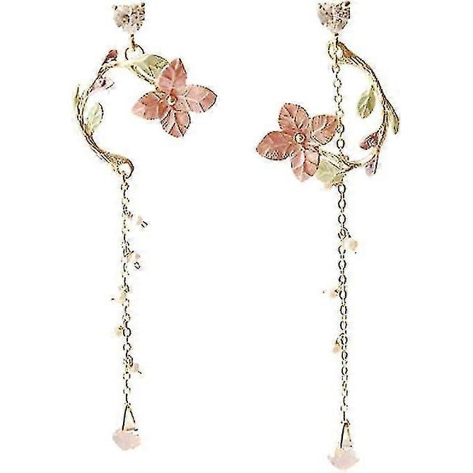Pink Flower Dangle Earrings For Women Cute Pearl Leaf Sakura Leaf Earrings Fairy Statement Summer Refreshing Seaside Idyllic Holiday Earrings