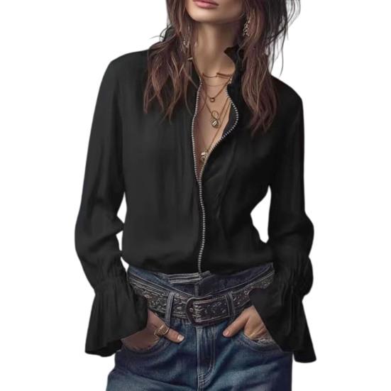 Женская винтажная блузка на молнии с оборками на манжетах, длинным рукавом и воротником-стойкой, ретро, повседневная, для выхода S чёрный