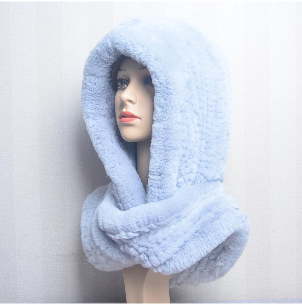 Hot Sale New Women Real Knitted Rex Rabbit Fur Hat Hooded Scarf Long Winter Warm Fur Hat With Neck Collar Scarves Hat Scarf