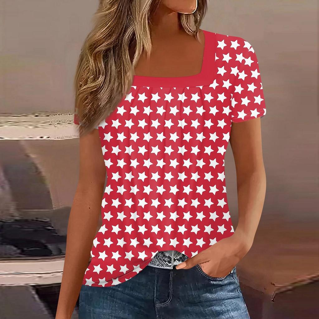 Womens Tops Casual Summer Independence Day Print T Shirts Short Sleeve Square Neck Basic Tee