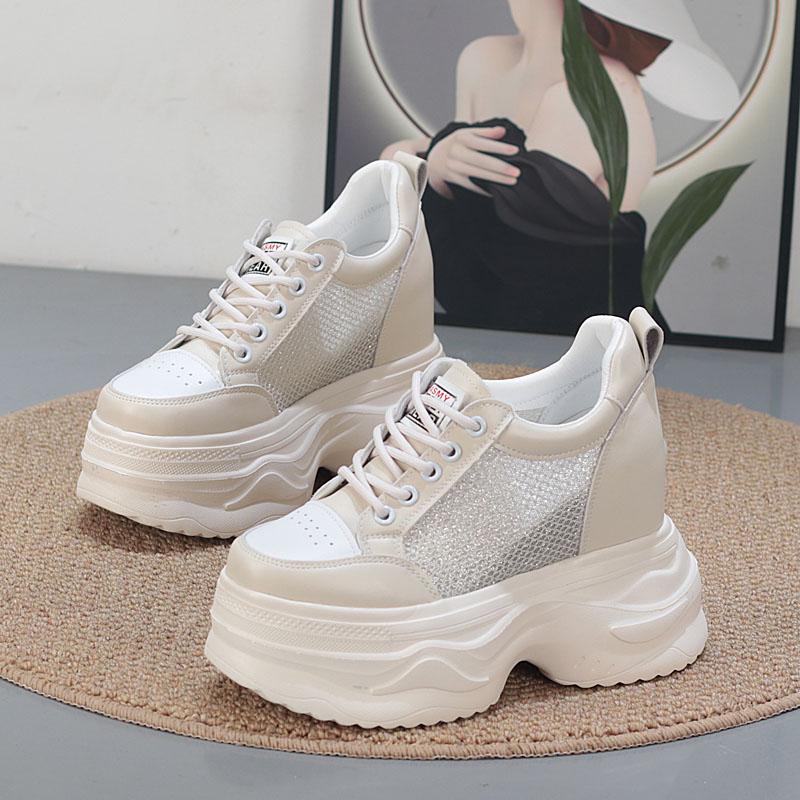 Fashion 12CM Air Mesh Microfiber Leather Ankle Boots Hollow Chunky Sneaker Women Comfy Summer Mixed Color Fashion Vulcanize Shoes
