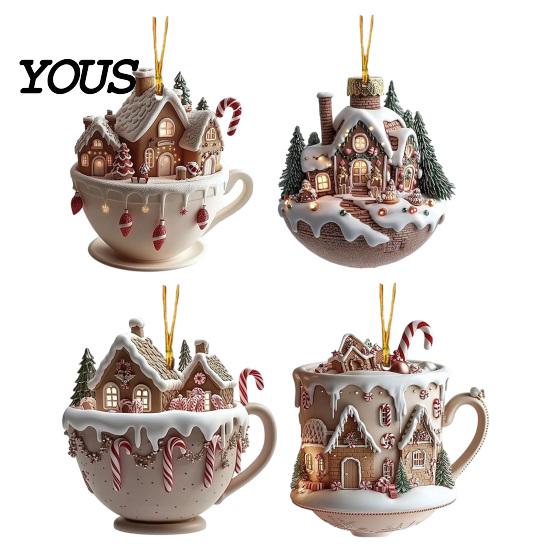 Unique Stocking Stuffer Gifts 2Pcs Fairy Tale Coffee Cup Snow House Christmas Ornaments, Double-sided Acrylic Ornaments Hanging Decoration for