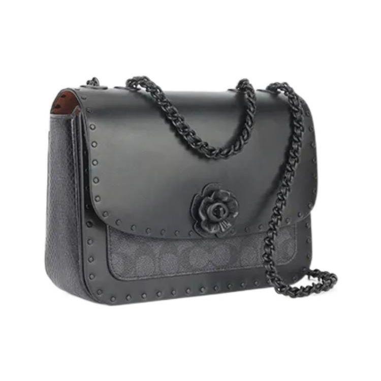 Coach Madison 24 Camellia Metal Studded Flap Chain Snake Print Detail Leather Small Shoulder Crossbody Bag Medium Women bags Black C3758-MWQV8