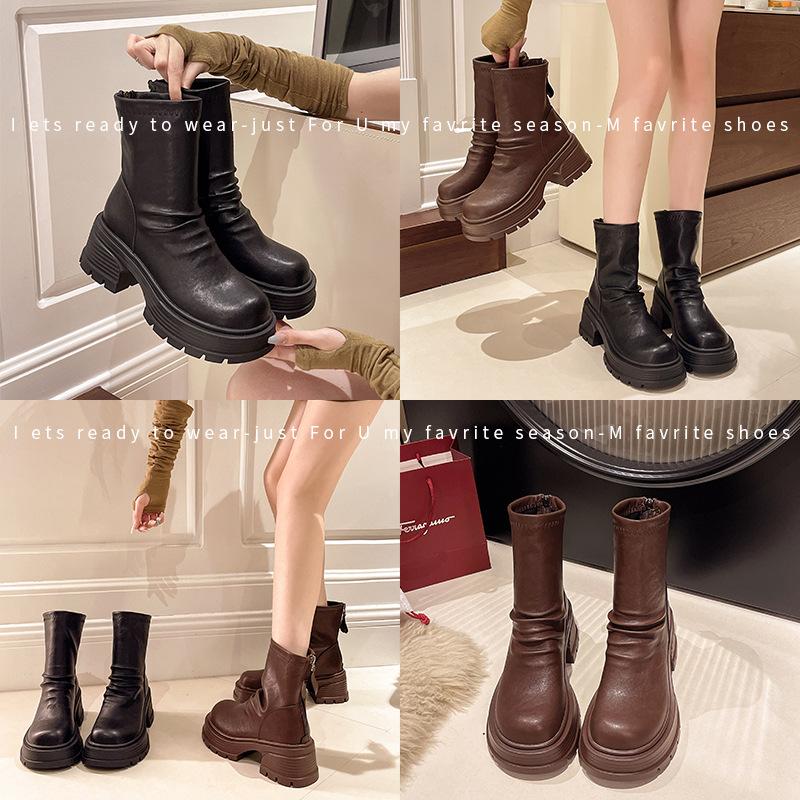 Thick-soled Martin boots, new autumn and winter versatile thin boots, retro inner height-increasing short boots for women