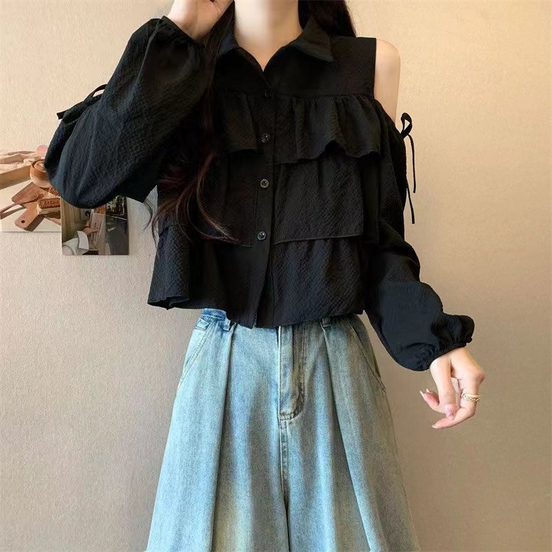 Off Shoulder Design Women's Shirt Solid Color Ruffled Bow Famale Button Blouse New Trend Fashionable Loose Ladies Long Sleeved Top