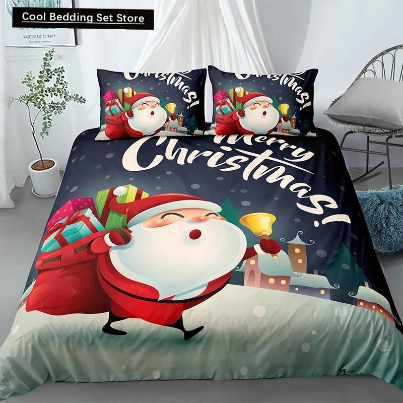 Merry Christmas King Queen Duvet Red Cartoon Santa Car Animals Bedding Set for Children Boy Girl Happy Holiday Theme Quilt Cover