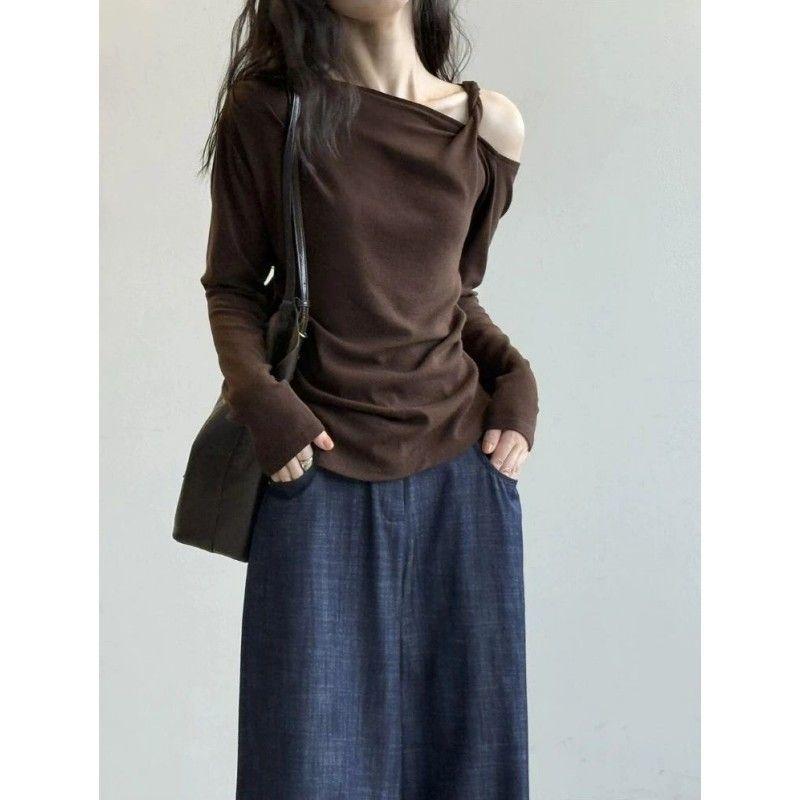 

Velvet Asymmetrical Knot Long Sleeve Off-Shoulder Plus Size Women s Designer Top - Autumn/Winter 2XL (recommended 141-160 jin) кавовий