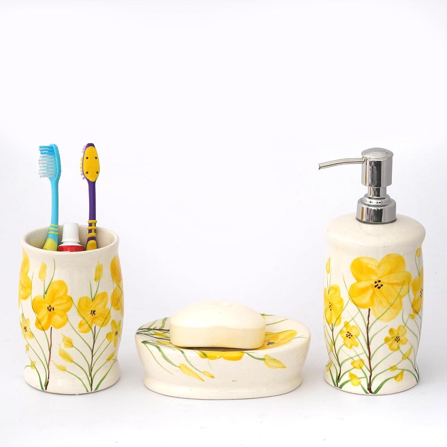 

Керамический набор аксессуаров для ванной из 3 предметов | Современный набор для ванной ручной росписи с дозатором для мыла 300 мл, подставкой для зубных щеток и мыльницей | Предметы для ванной