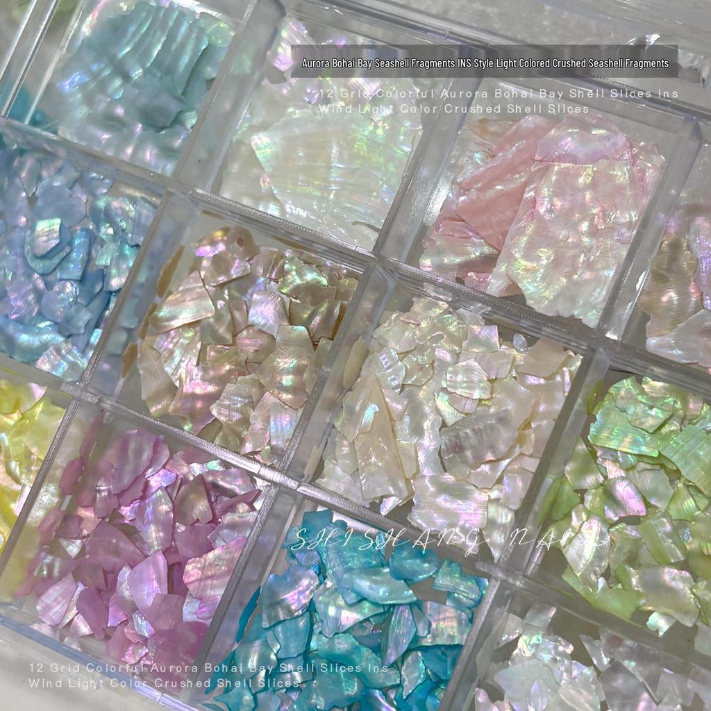 Iridescent Bohai Bay Seashell Nail Art Decorations - 12 Grid Natural Shell Fragments for Summer Nails.