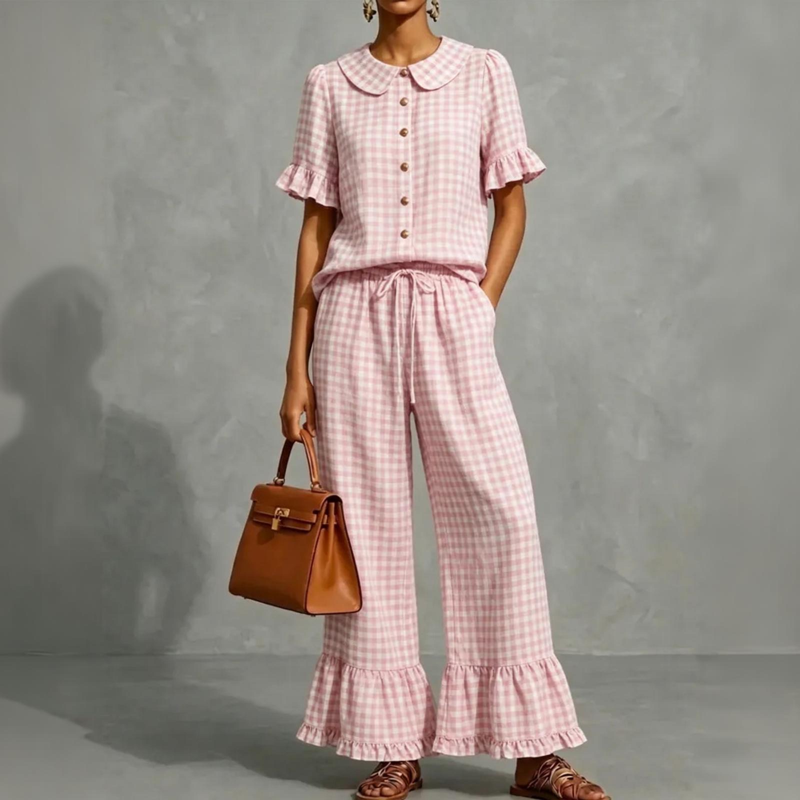 Women s Casual Plaid Suit Set - 2 Piece Outfit with Lapel Collar Sleeve Shirt and Ruffle Hem Pants XXXL розовый